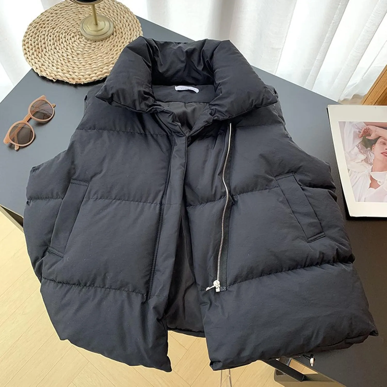 2024 Winter Coats for Womens Fashion Cropped Sleeveless Puffer Jacket Lightweight Thermal Padded Vest Casual Outwear