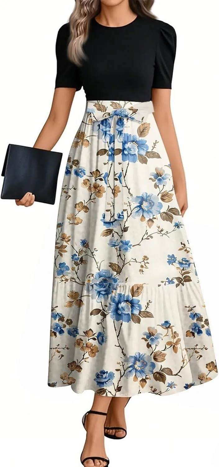 2025 Boho Dresses, Beach Floral Print Maxi Women's Jumpsuits Spring Bow Crew Neck Womens Romper