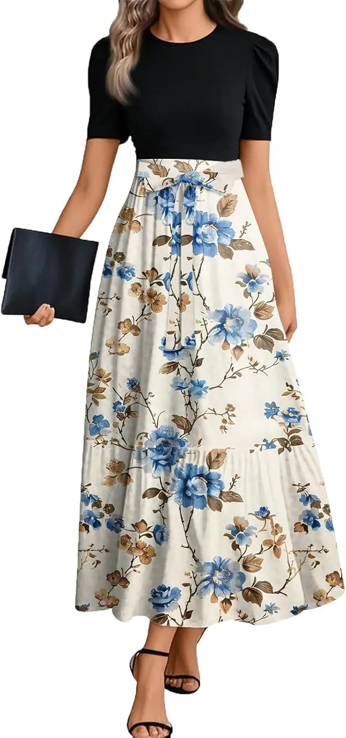 2025 Boho Dresses, Beach Floral Print Maxi Women's Jumpsuits Spring Bow Crew Neck Womens Romper