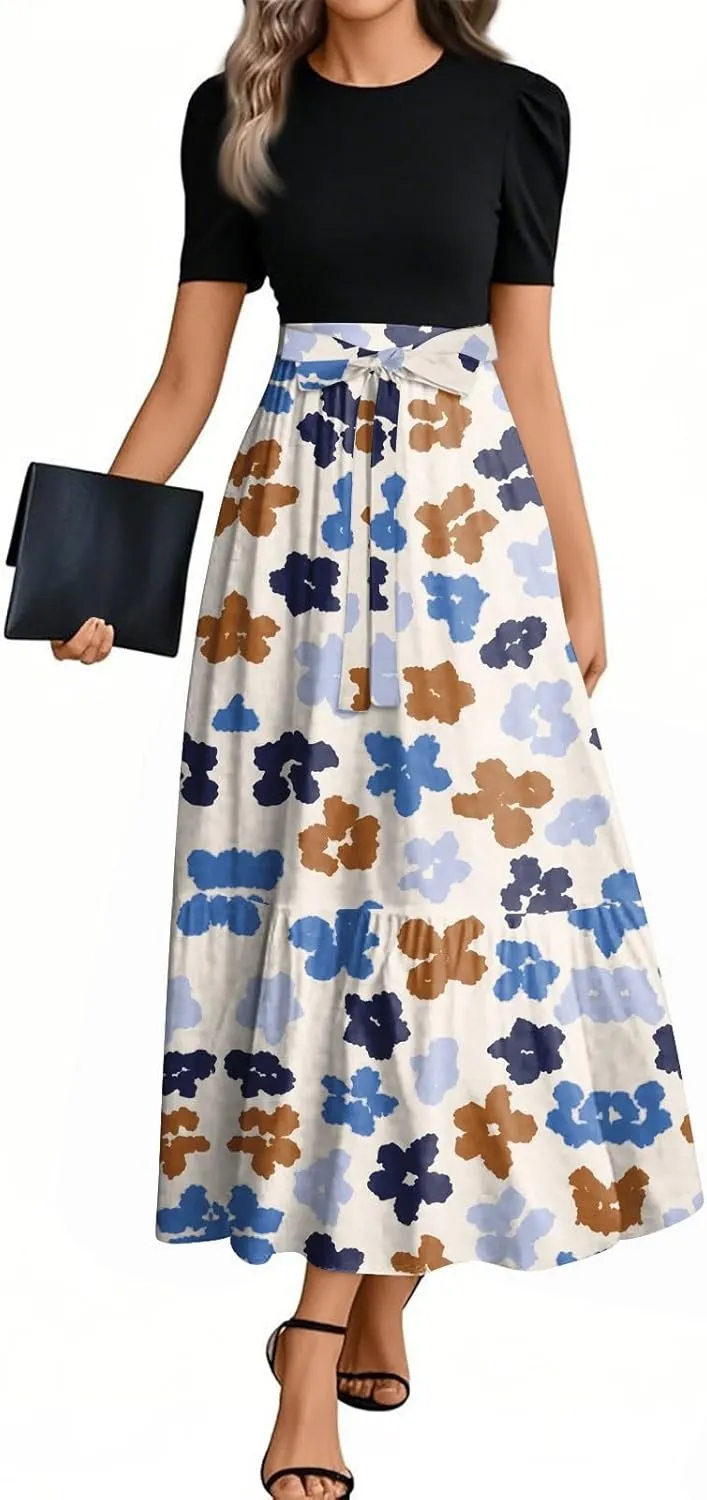 2025 Boho Dresses, Beach Floral Print Maxi Women's Jumpsuits Spring Bow Crew Neck Womens Romper