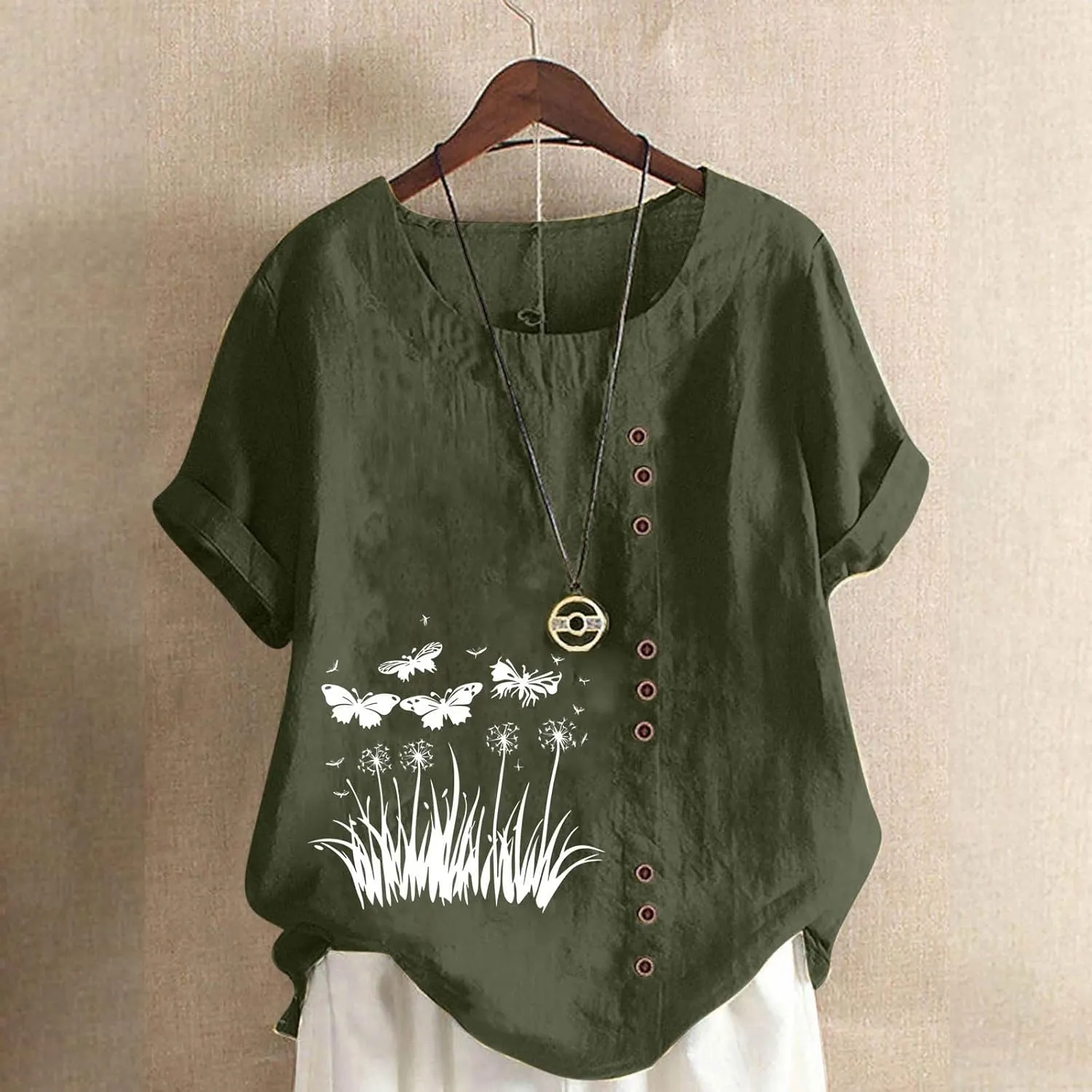 2025 Women's Summer Tops Casual Cotton Linen Tunic Short Sleeve Round Neck Shirt Oversized Floral Graphic Tees