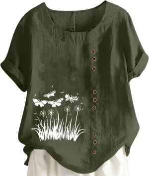 2025 Women's Summer Tops Casual Cotton Linen Tunic Short Sleeve Round Neck Shirt Oversized Floral Graphic Tees
