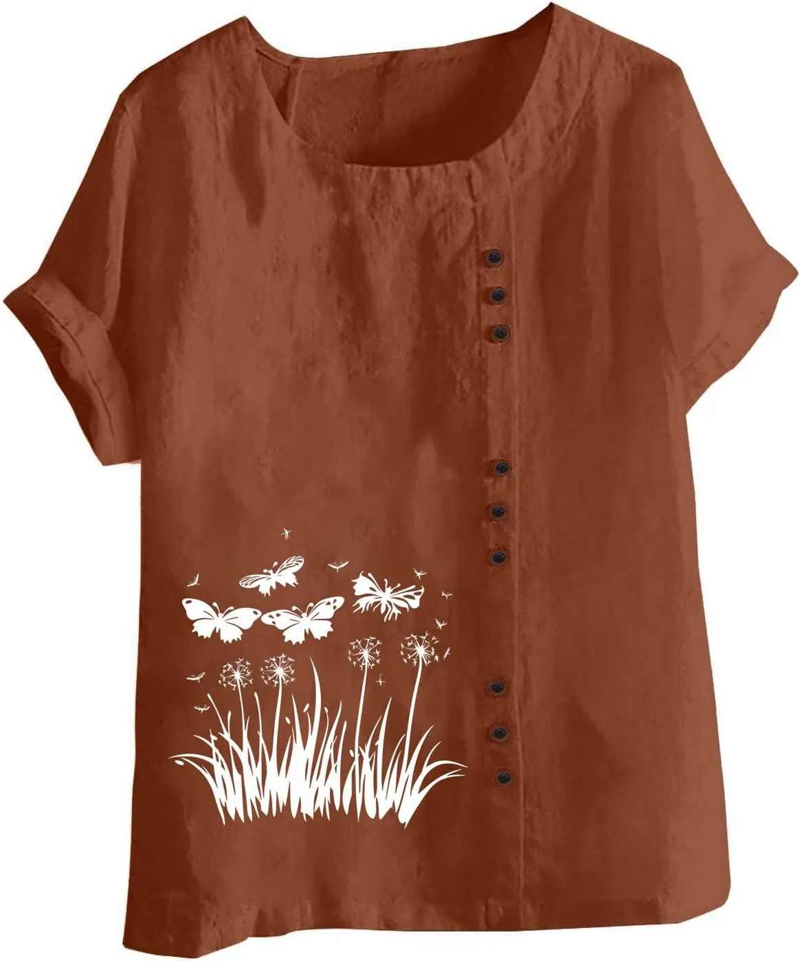 2025 Women's Summer Tops Casual Cotton Linen Tunic Short Sleeve Round Neck Shirt Oversized Floral Graphic Tees