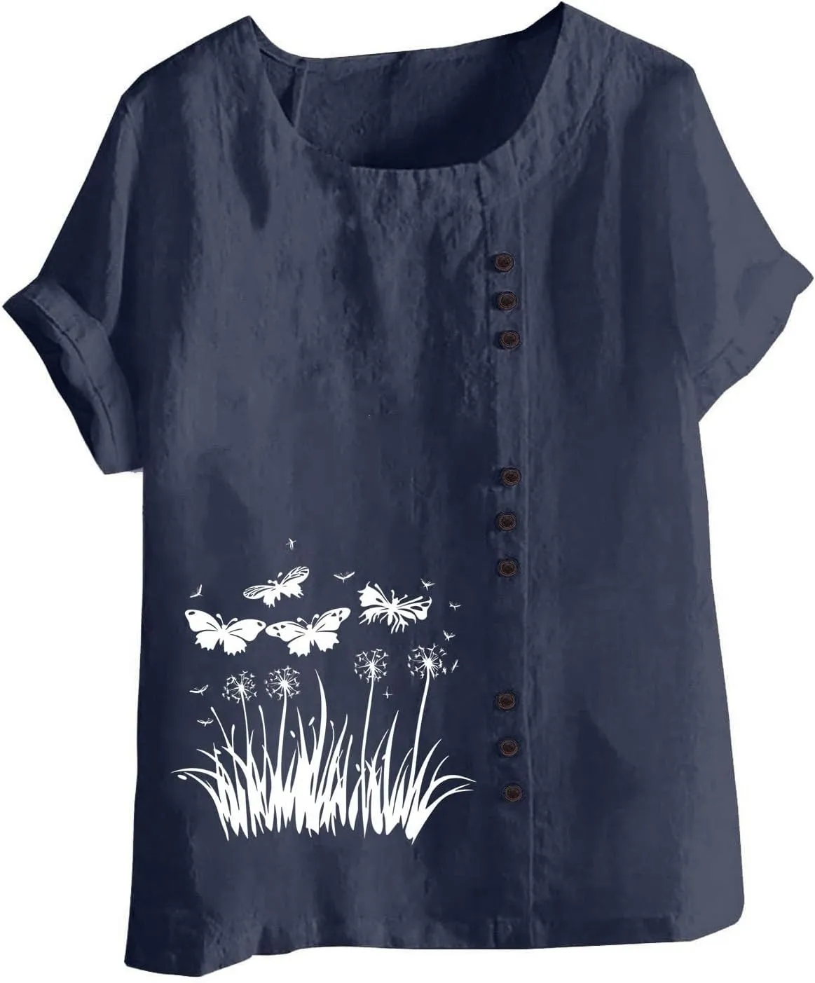 2025 Women's Summer Tops Casual Cotton Linen Tunic Short Sleeve Round Neck Shirt Oversized Floral Graphic Tees