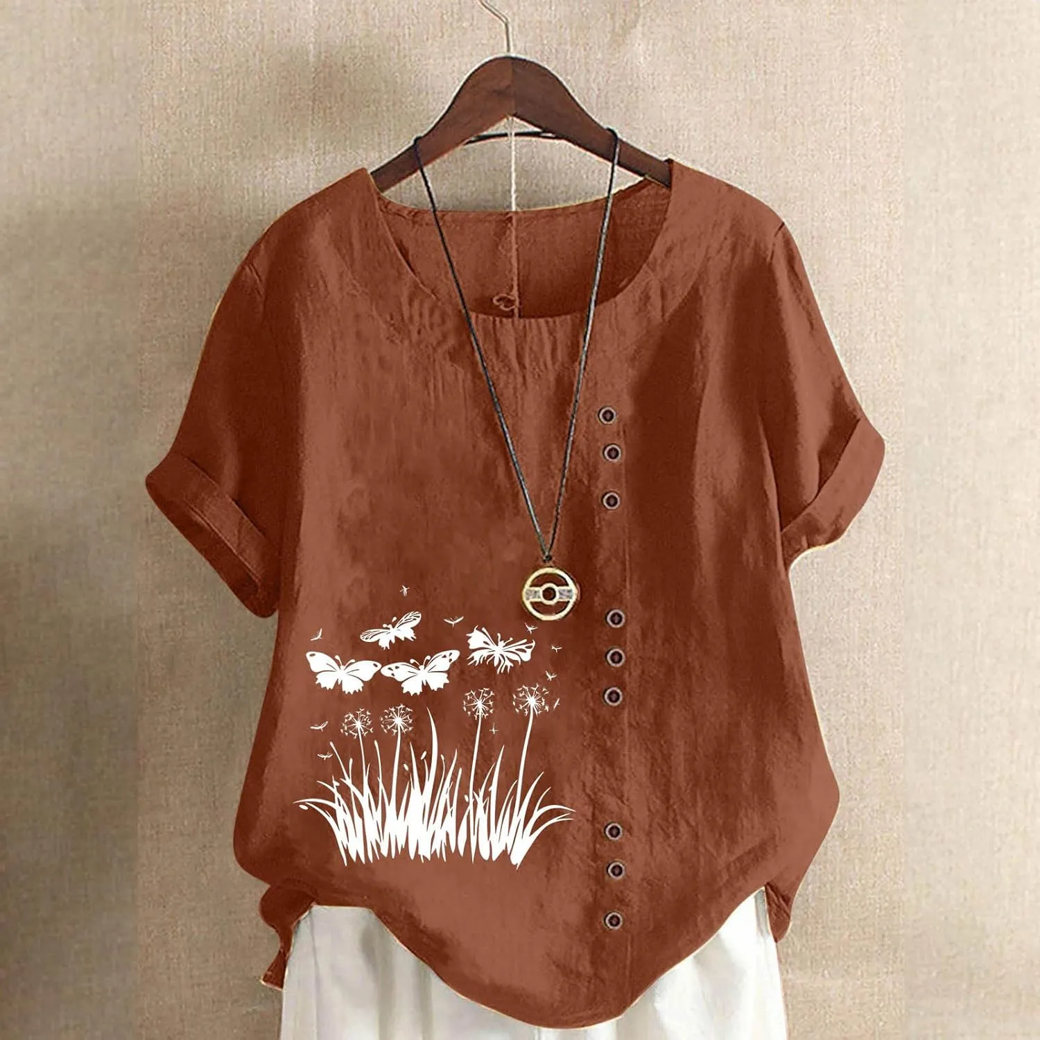 2025 Women's Summer Tops Casual Cotton Linen Tunic Short Sleeve Round Neck Shirt Oversized Floral Graphic Tees