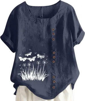 2025 Women's Summer Tops Casual Cotton Linen Tunic Short Sleeve Round Neck Shirt Oversized Floral Graphic Tees