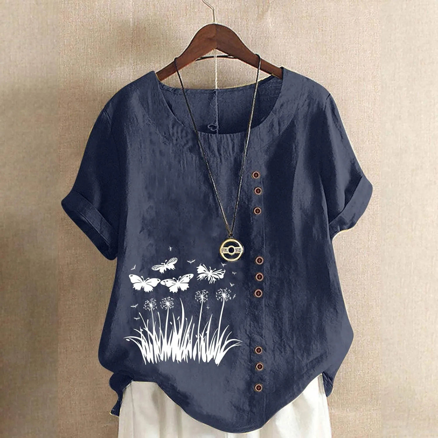 2025 Women's Summer Tops Casual Cotton Linen Tunic Short Sleeve Round Neck Shirt Oversized Floral Graphic Tees