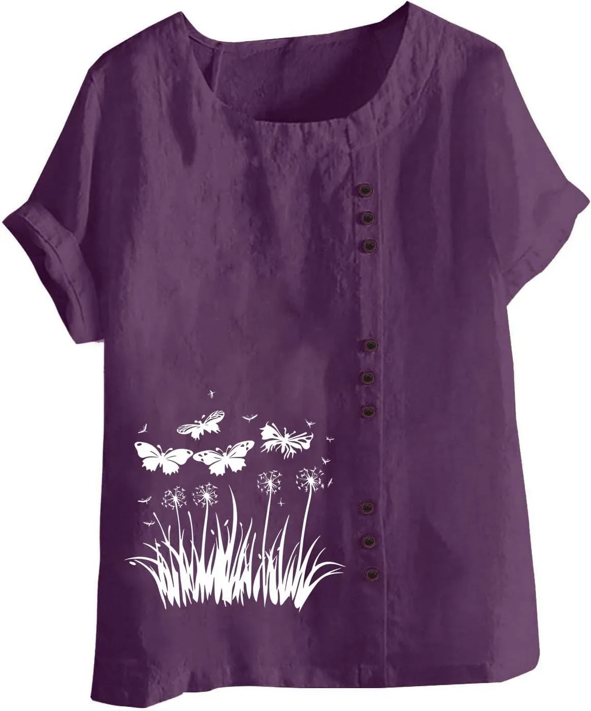 2025 Women's Summer Tops Casual Cotton Linen Tunic Short Sleeve Round Neck Shirt Oversized Floral Graphic Tees