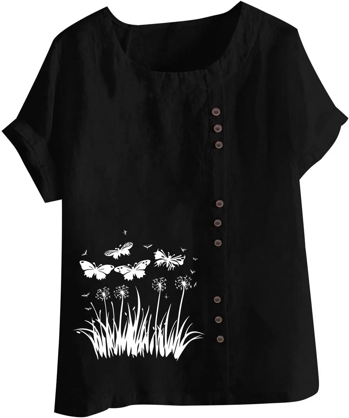 2025 Women's Summer Tops Casual Cotton Linen Tunic Short Sleeve Round Neck Shirt Oversized Floral Graphic Tees