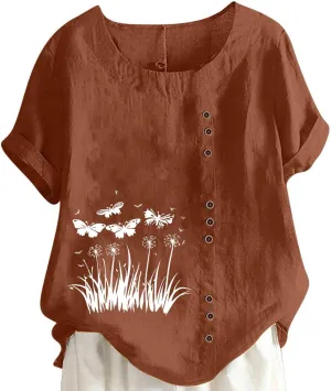 2025 Women's Summer Tops Casual Cotton Linen Tunic Short Sleeve Round Neck Shirt Oversized Floral Graphic Tees
