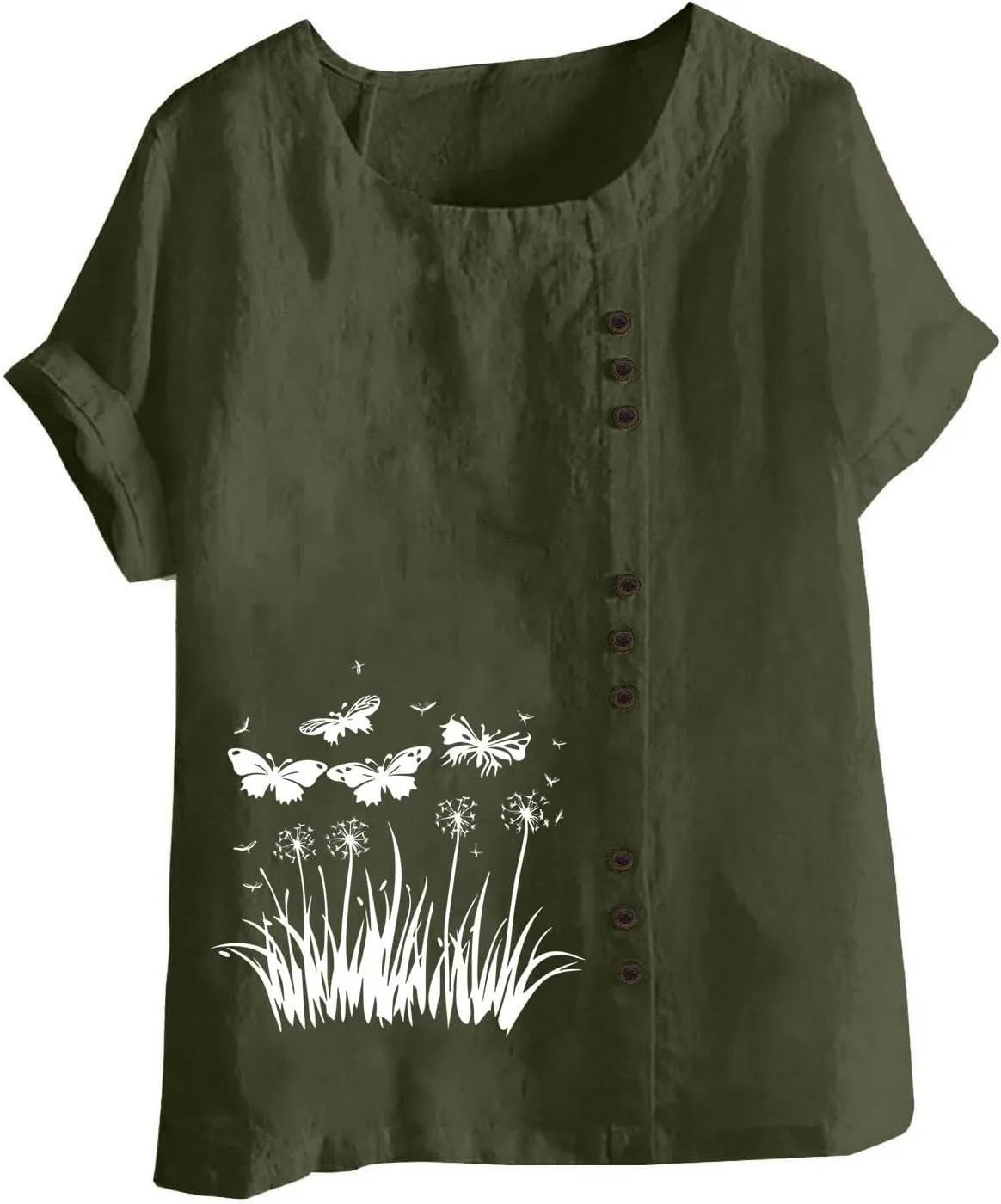 2025 Women's Summer Tops Casual Cotton Linen Tunic Short Sleeve Round Neck Shirt Oversized Floral Graphic Tees