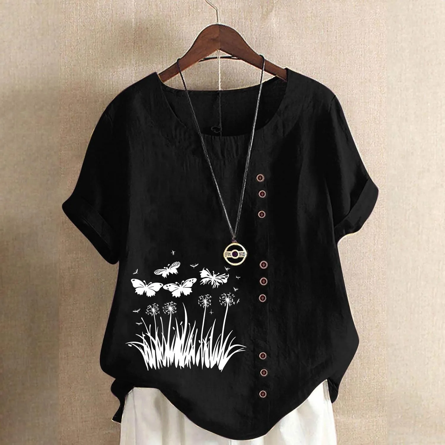 2025 Women's Summer Tops Casual Cotton Linen Tunic Short Sleeve Round Neck Shirt Oversized Floral Graphic Tees