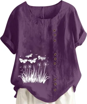 2025 Women's Summer Tops Casual Cotton Linen Tunic Short Sleeve Round Neck Shirt Oversized Floral Graphic Tees