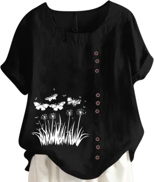 2025 Women's Summer Tops Casual Cotton Linen Tunic Short Sleeve Round Neck Shirt Oversized Floral Graphic Tees
