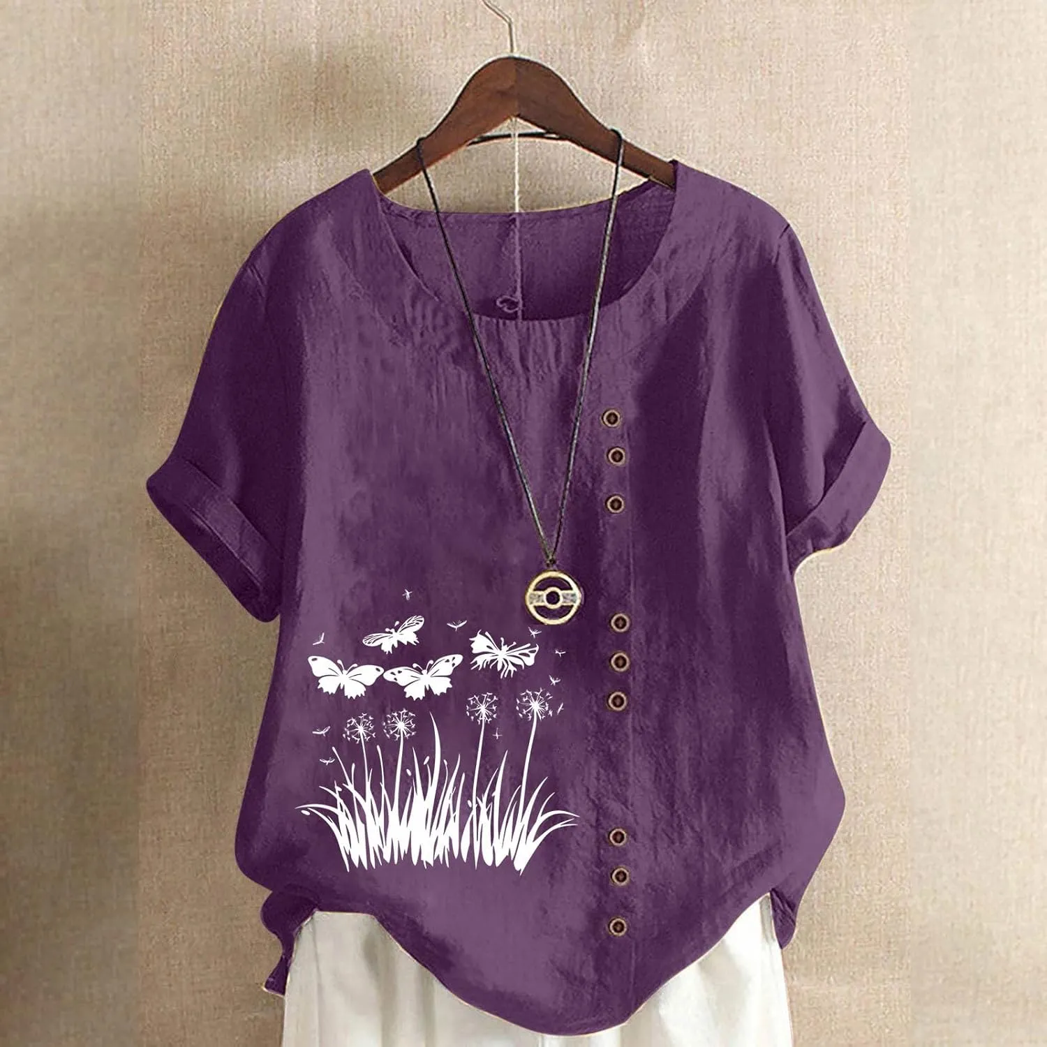 2025 Women's Summer Tops Casual Cotton Linen Tunic Short Sleeve Round Neck Shirt Oversized Floral Graphic Tees