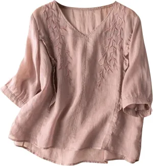 3/4 Sleeve Cotton Linen Shirts for Women Floral Embroidery Tops Loose Casual V Neck Bohemian Tees Peasant Blouses