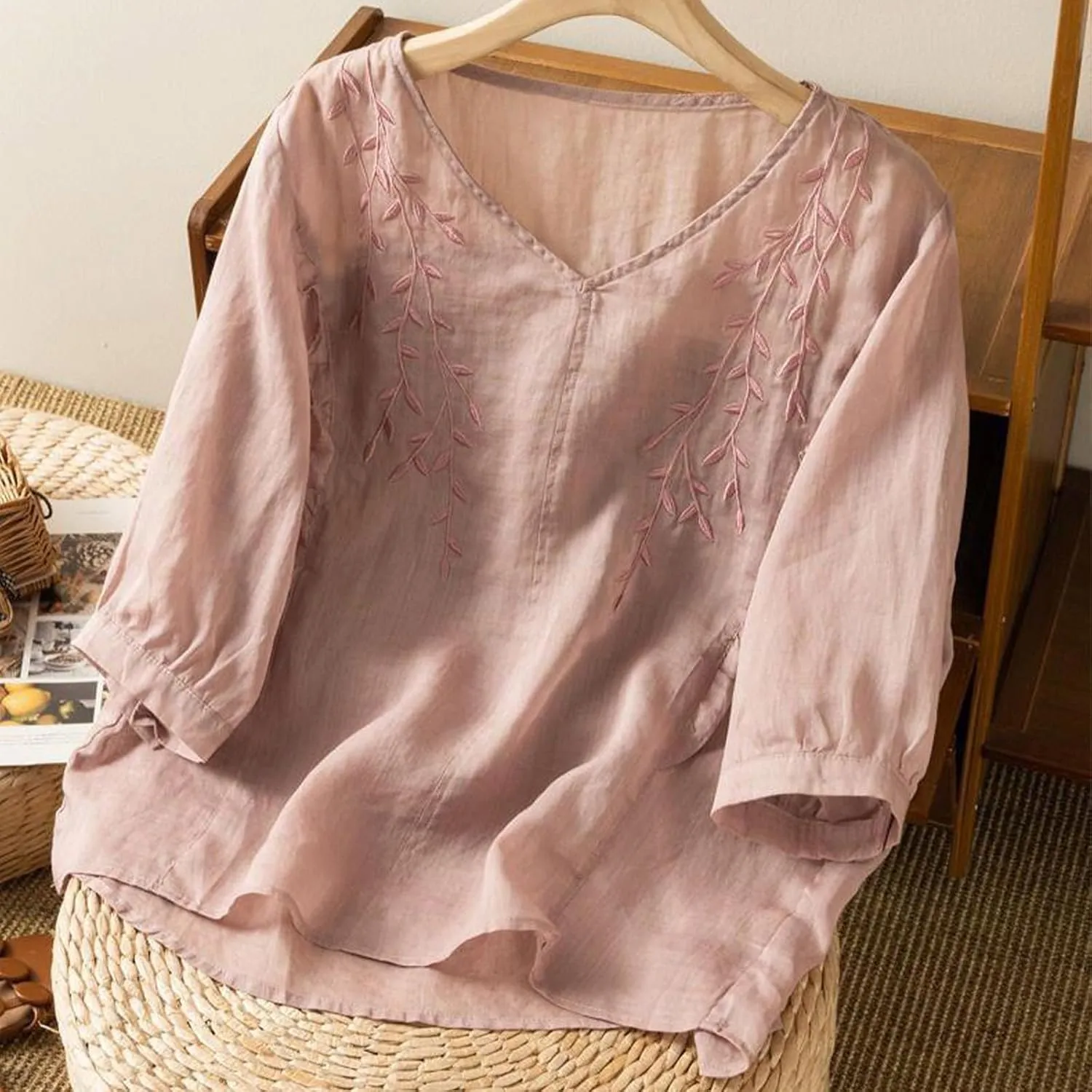 3/4 Sleeve Cotton Linen Shirts for Women Floral Embroidery Tops Loose Casual V Neck Bohemian Tees Peasant Blouses