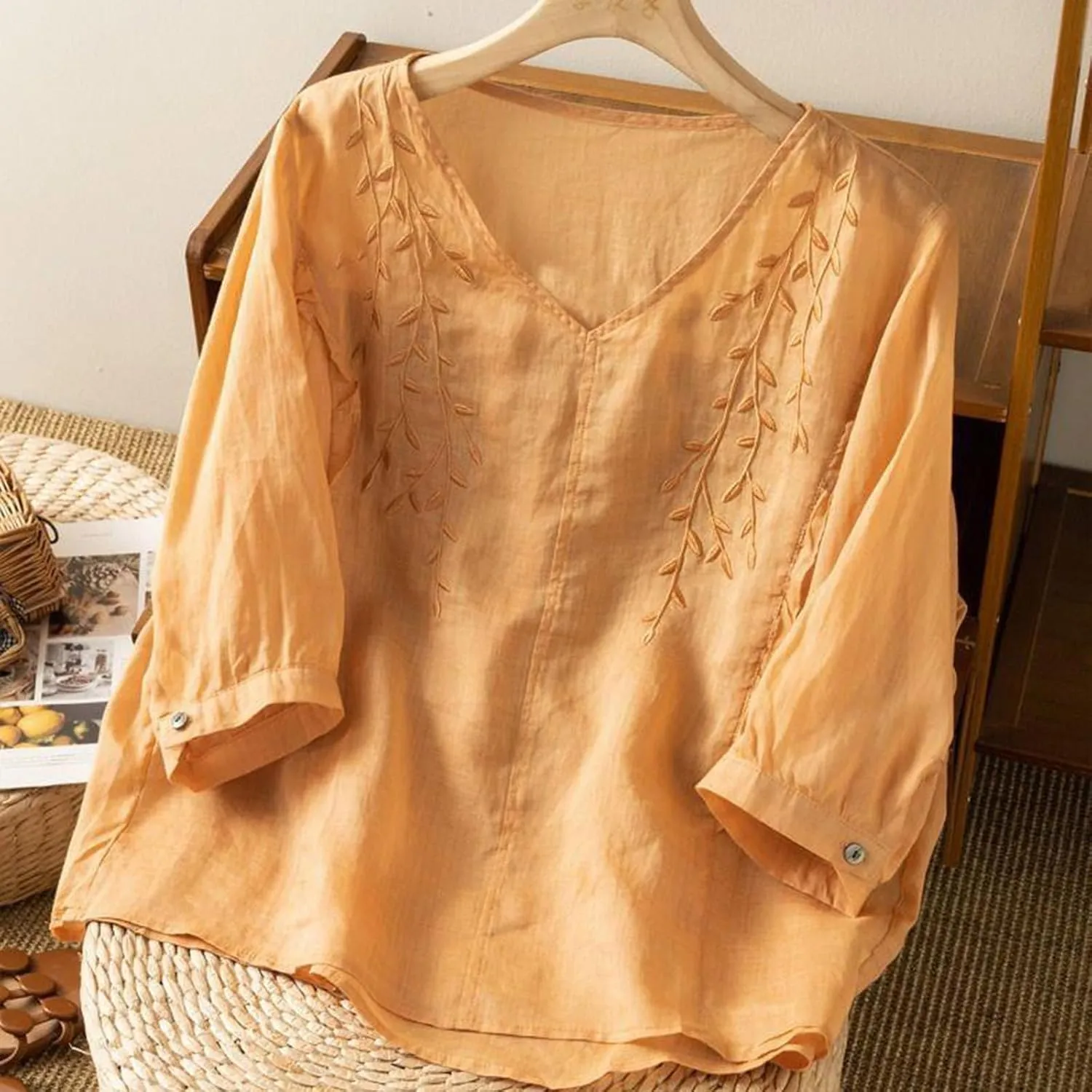 3/4 Sleeve Cotton Linen Shirts for Women Floral Embroidery Tops Loose Casual V Neck Bohemian Tees Peasant Blouses