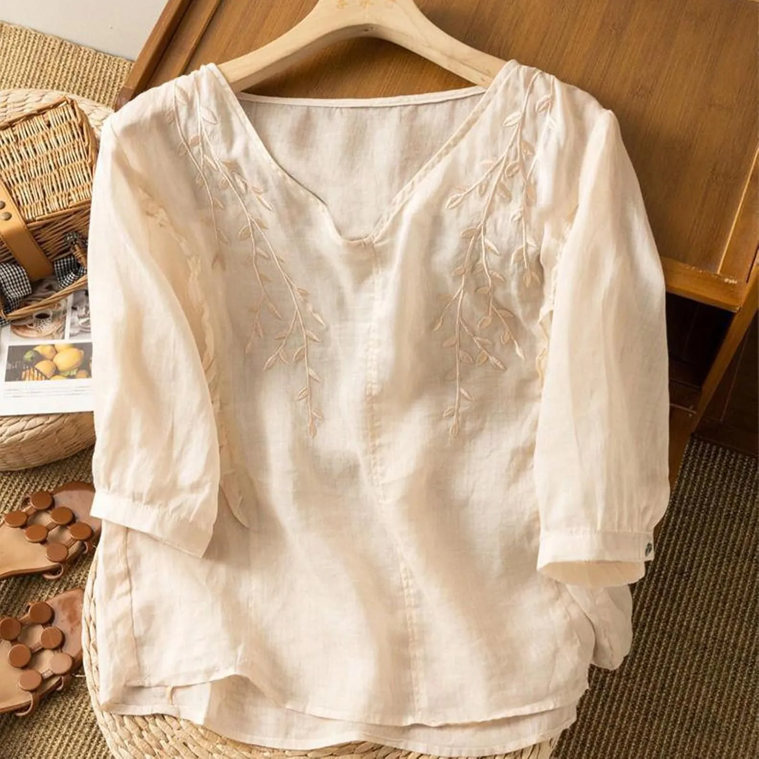 3/4 Sleeve Cotton Linen Shirts for Women Floral Embroidery Tops Loose Casual V Neck Bohemian Tees Peasant Blouses