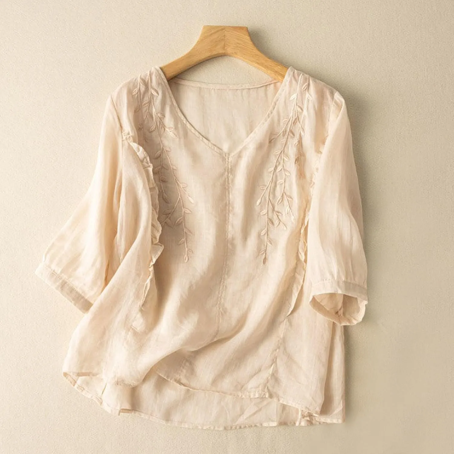 3/4 Sleeve Cotton Linen Shirts for Women Floral Embroidery Tops Loose Casual V Neck Bohemian Tees Peasant Blouses