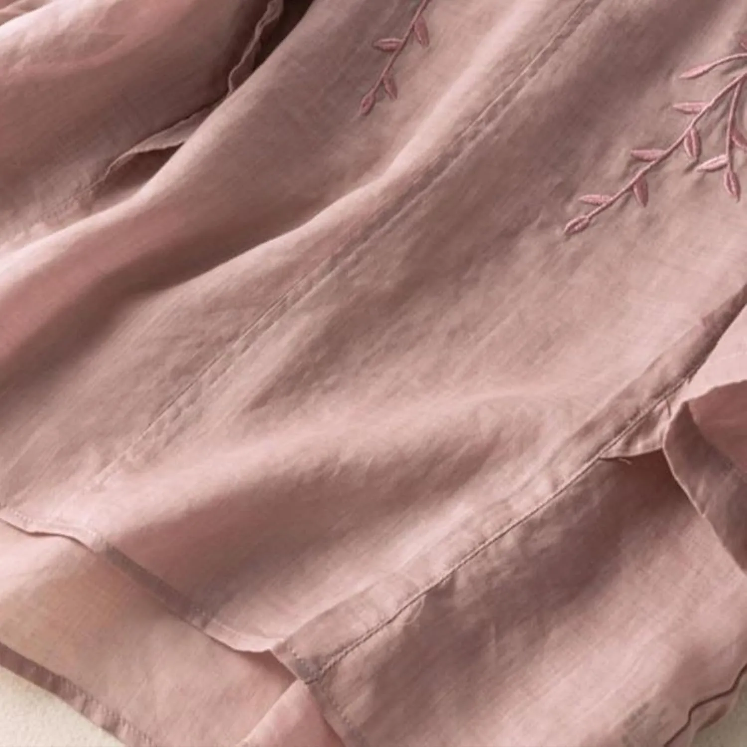 3/4 Sleeve Cotton Linen Shirts for Women Floral Embroidery Tops Loose Casual V Neck Bohemian Tees Peasant Blouses