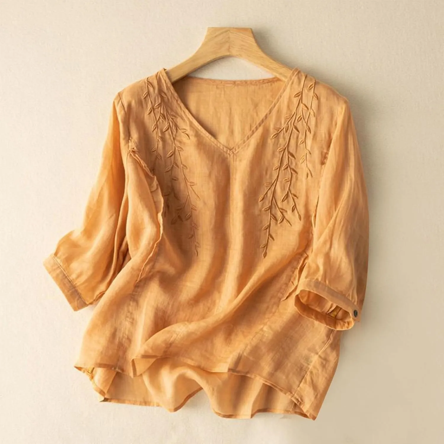 3/4 Sleeve Cotton Linen Shirts for Women Floral Embroidery Tops Loose Casual V Neck Bohemian Tees Peasant Blouses