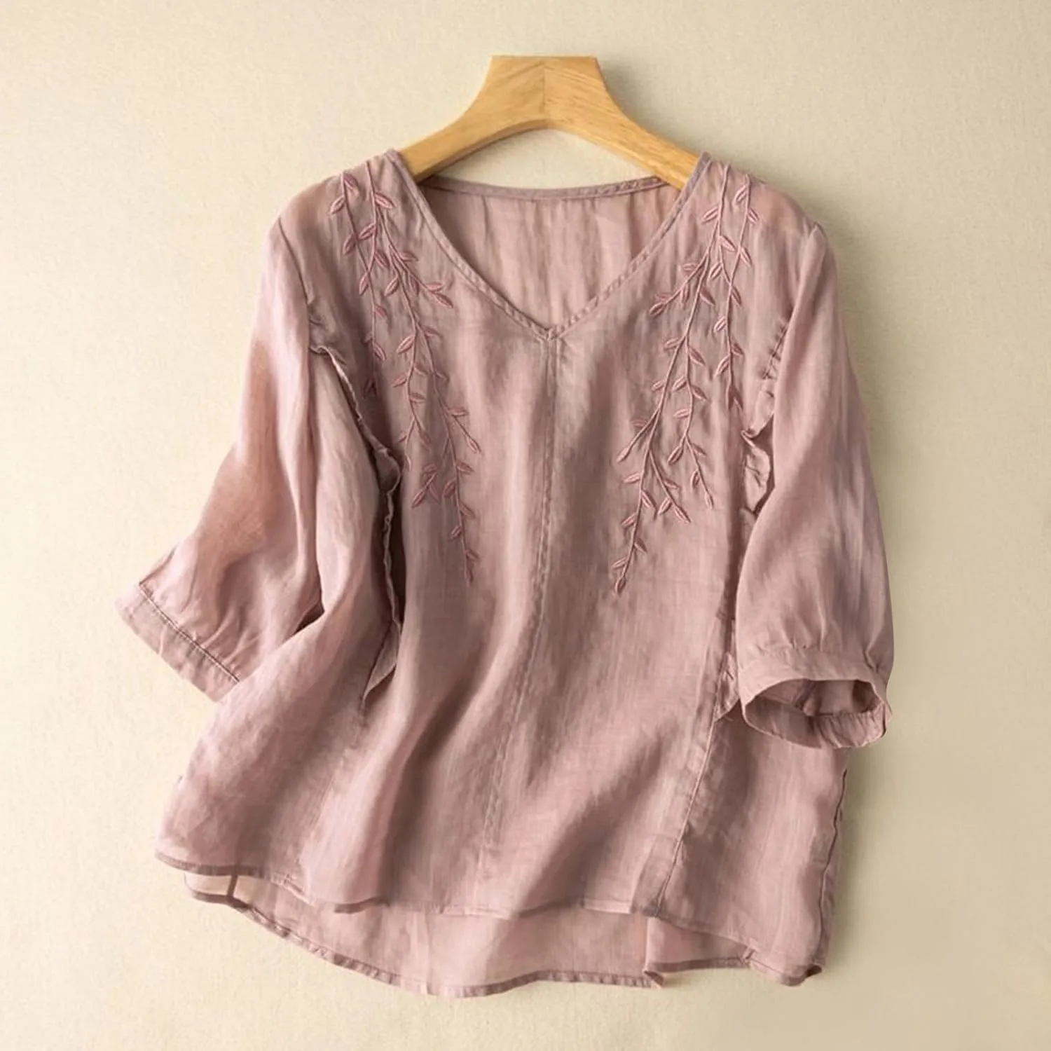 3/4 Sleeve Cotton Linen Shirts for Women Floral Embroidery Tops Loose Casual V Neck Bohemian Tees Peasant Blouses