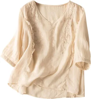 3/4 Sleeve Cotton Linen Shirts for Women Floral Embroidery Tops Loose Casual V Neck Bohemian Tees Peasant Blouses