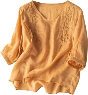 3/4 Sleeve Cotton Linen Shirts for Women Floral Embroidery Tops Loose Casual V Neck Bohemian Tees Peasant Blouses