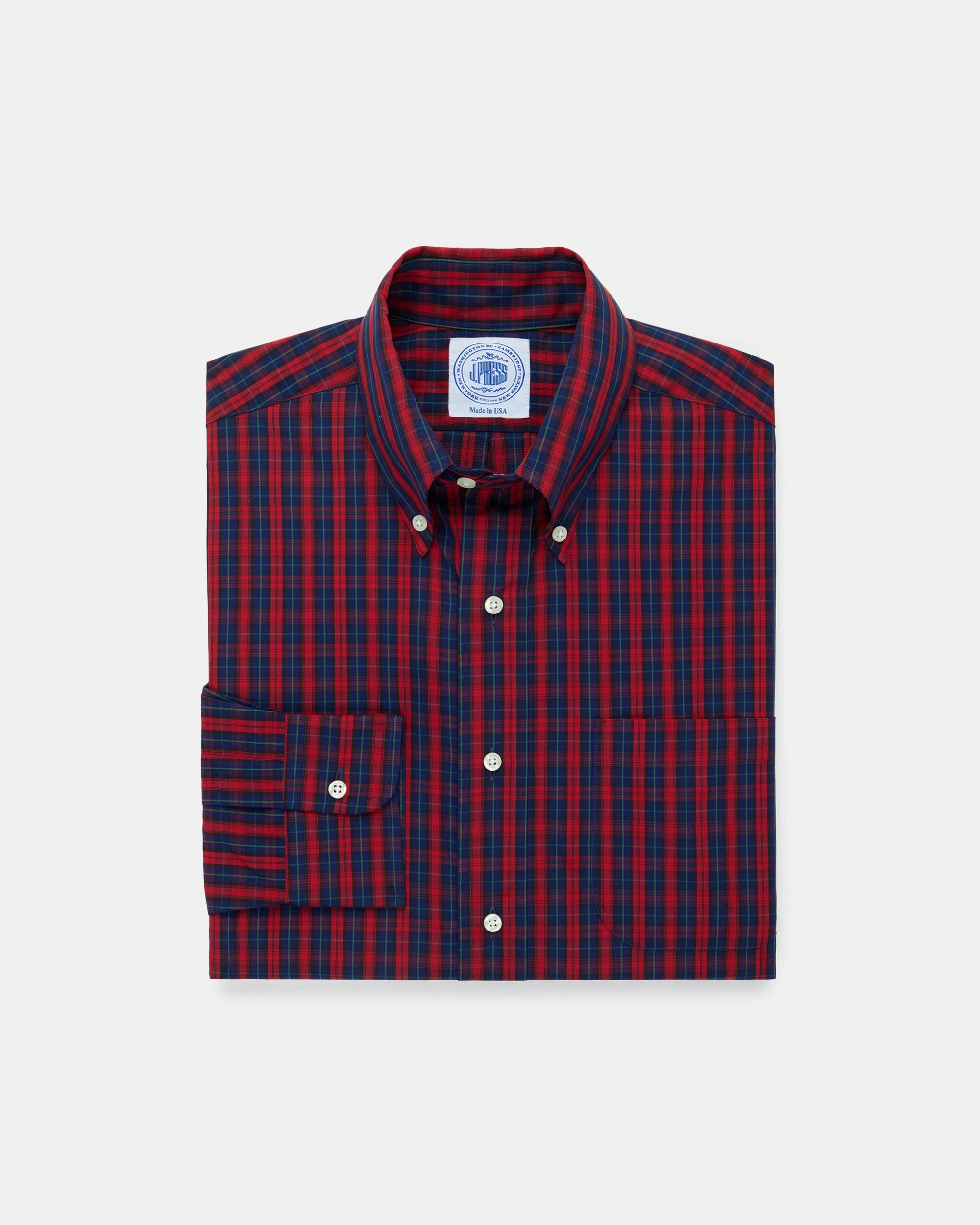 Made-in-USA Red & Navy Tartan Broadcloth Sport Shirt Geometric Design Sustainable Dye Process