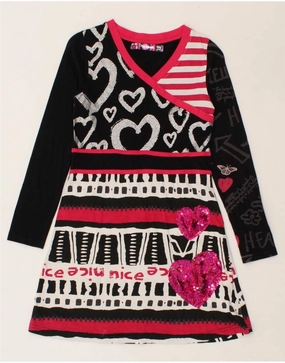 DESIGUAL Girls Abstract Pattern Long Sleeve A-Line Dress 11-12 Years Black Panelled-Design