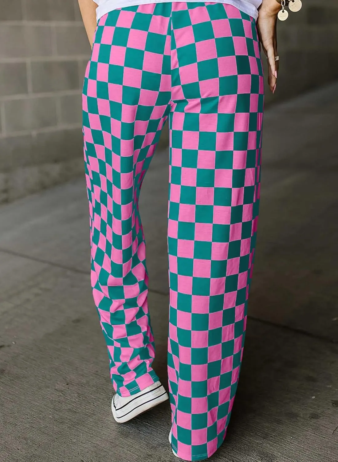 Acelitt Womens Casual Checkered Pants Elastic Waist Comfy Loose Wide Leg Pants with Pockets