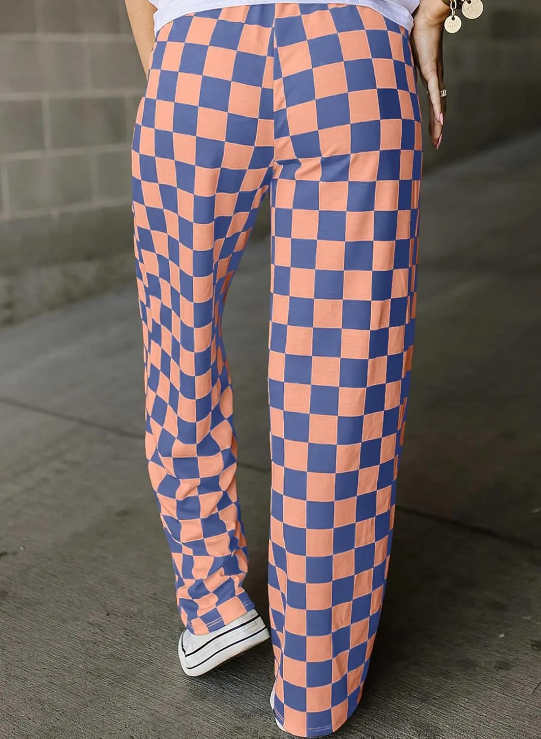 Acelitt Womens Casual Checkered Pants Elastic Waist Comfy Loose Wide Leg Pants with Pockets