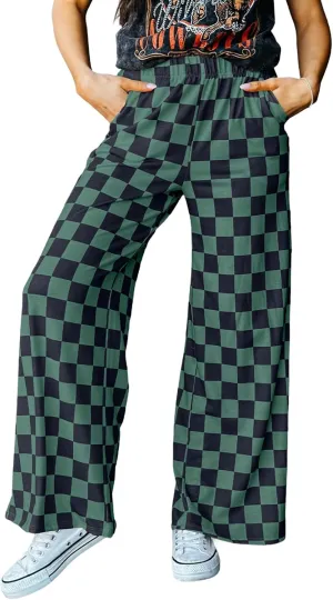 Acelitt Womens Casual Checkered Pants Elastic Waist Comfy Loose Wide Leg Pants with Pockets