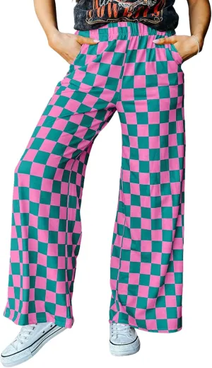 Acelitt Womens Casual Checkered Pants Elastic Waist Comfy Loose Wide Leg Pants with Pockets