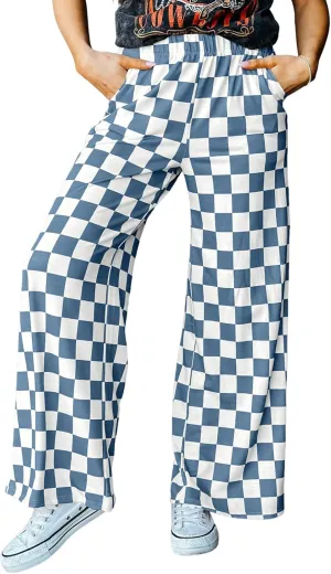 Acelitt Womens Casual Checkered Pants Elastic Waist Comfy Loose Wide Leg Pants with Pockets