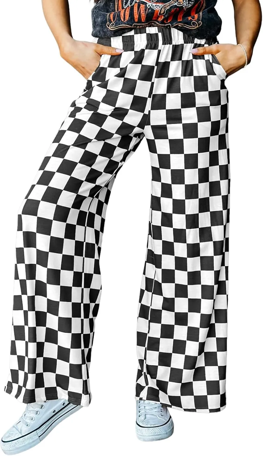 Acelitt Womens Casual Checkered Pants Elastic Waist Comfy Loose Wide Leg Pants with Pockets