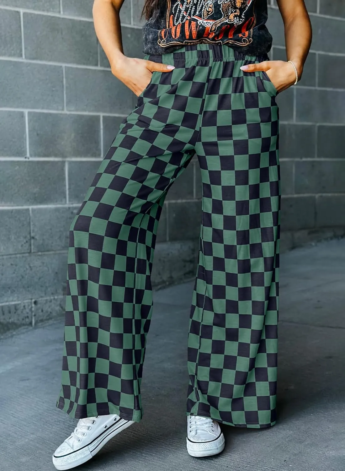 Acelitt Womens Casual Checkered Pants Elastic Waist Comfy Loose Wide Leg Pants with Pockets