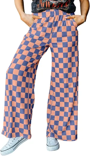 Acelitt Womens Casual Checkered Pants Elastic Waist Comfy Loose Wide Leg Pants with Pockets