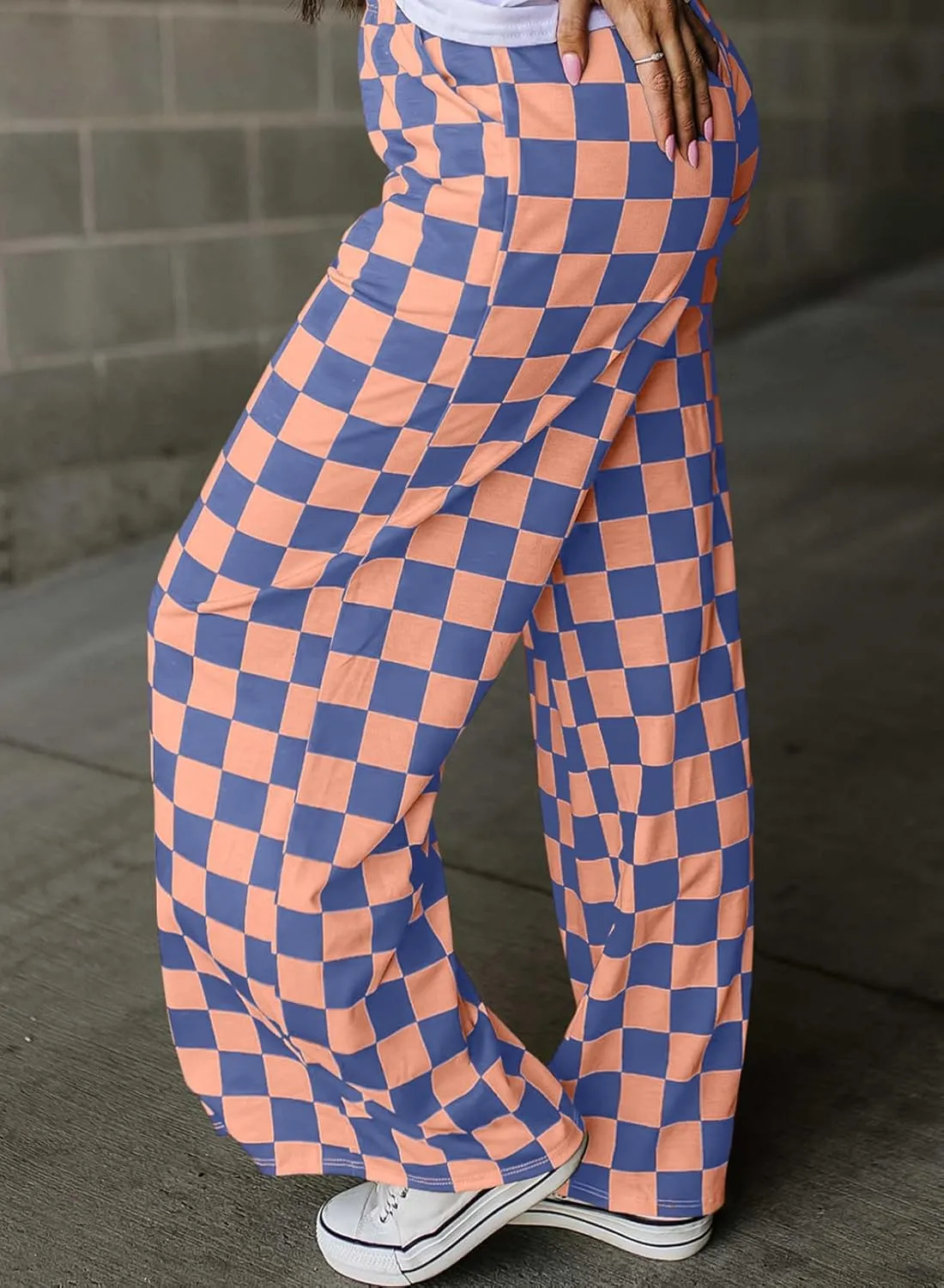Acelitt Womens Casual Checkered Pants Elastic Waist Comfy Loose Wide Leg Pants with Pockets