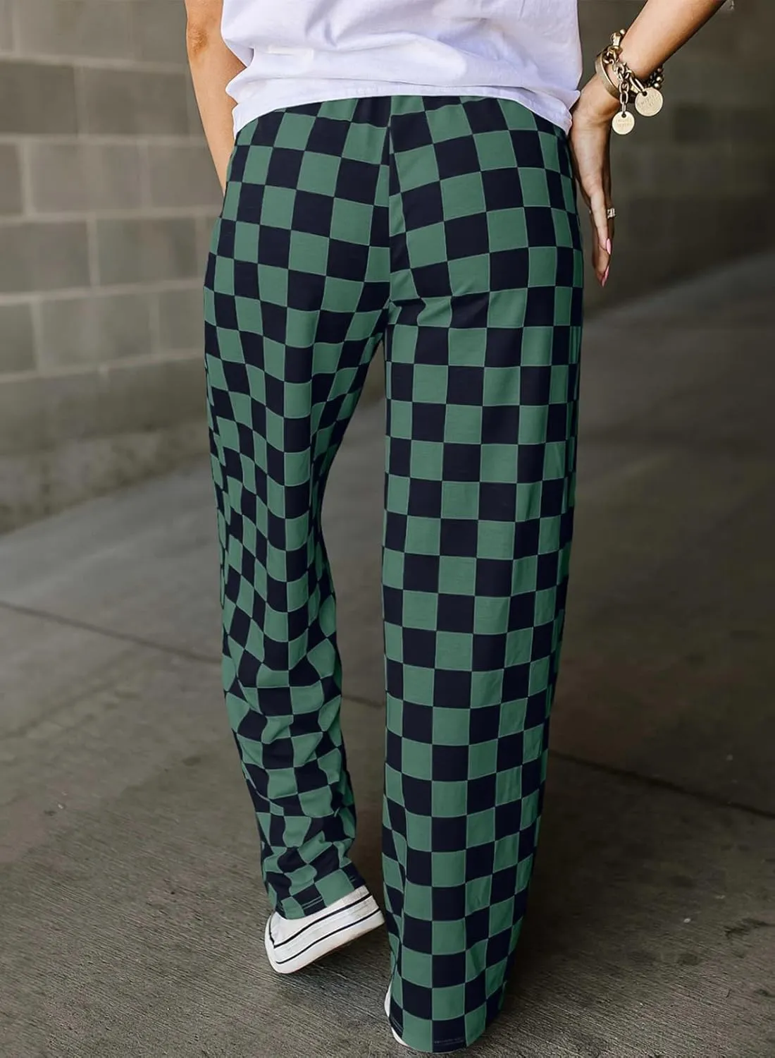 Acelitt Womens Casual Checkered Pants Elastic Waist Comfy Loose Wide Leg Pants with Pockets