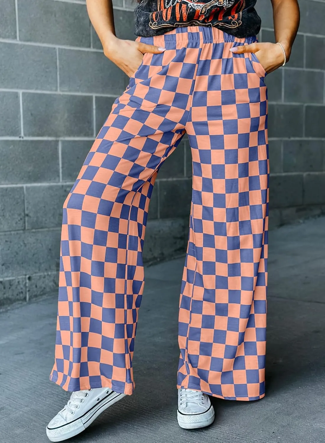 Acelitt Womens Casual Checkered Pants Elastic Waist Comfy Loose Wide Leg Pants with Pockets