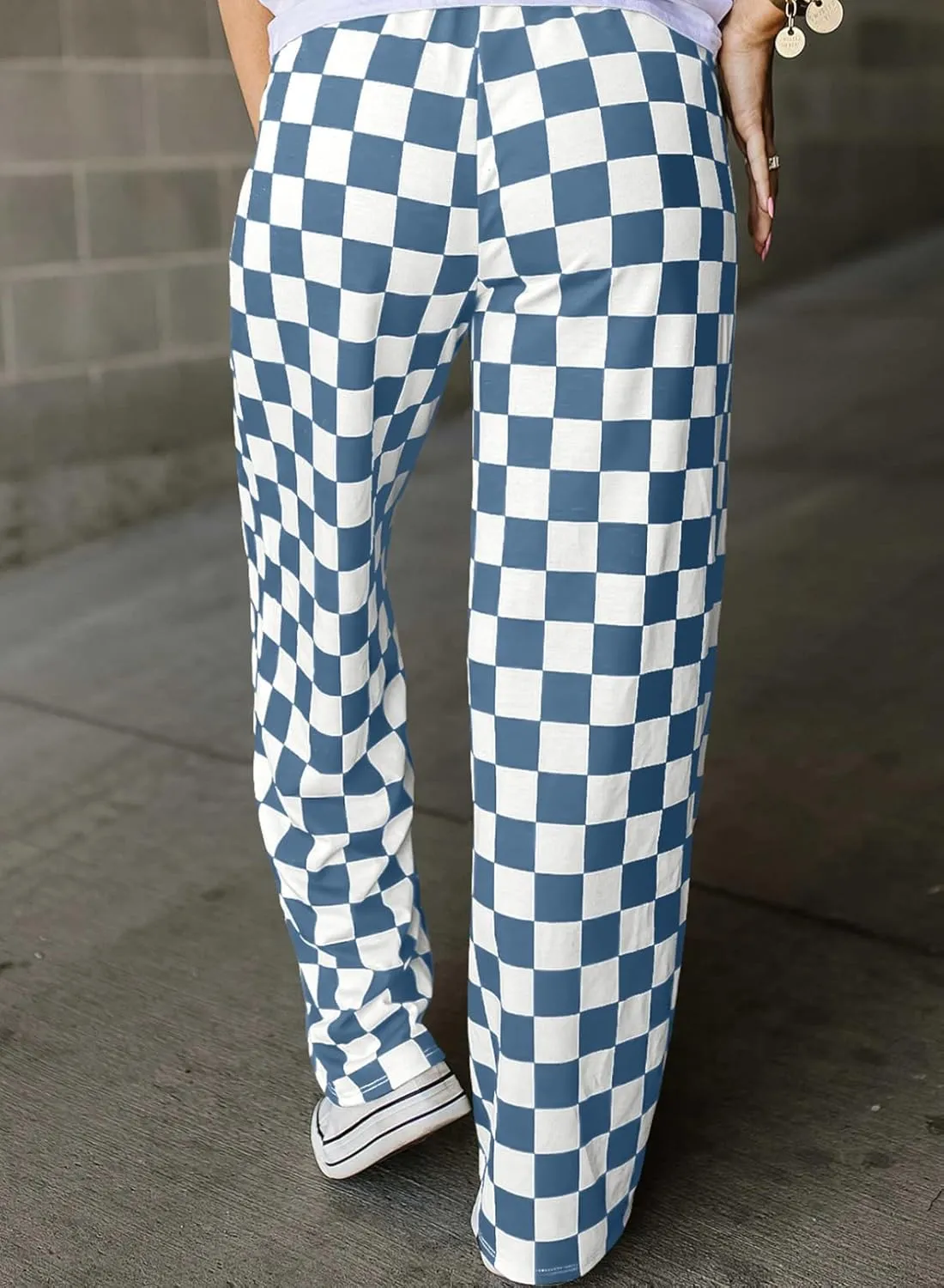 Acelitt Womens Casual Checkered Pants Elastic Waist Comfy Loose Wide Leg Pants with Pockets