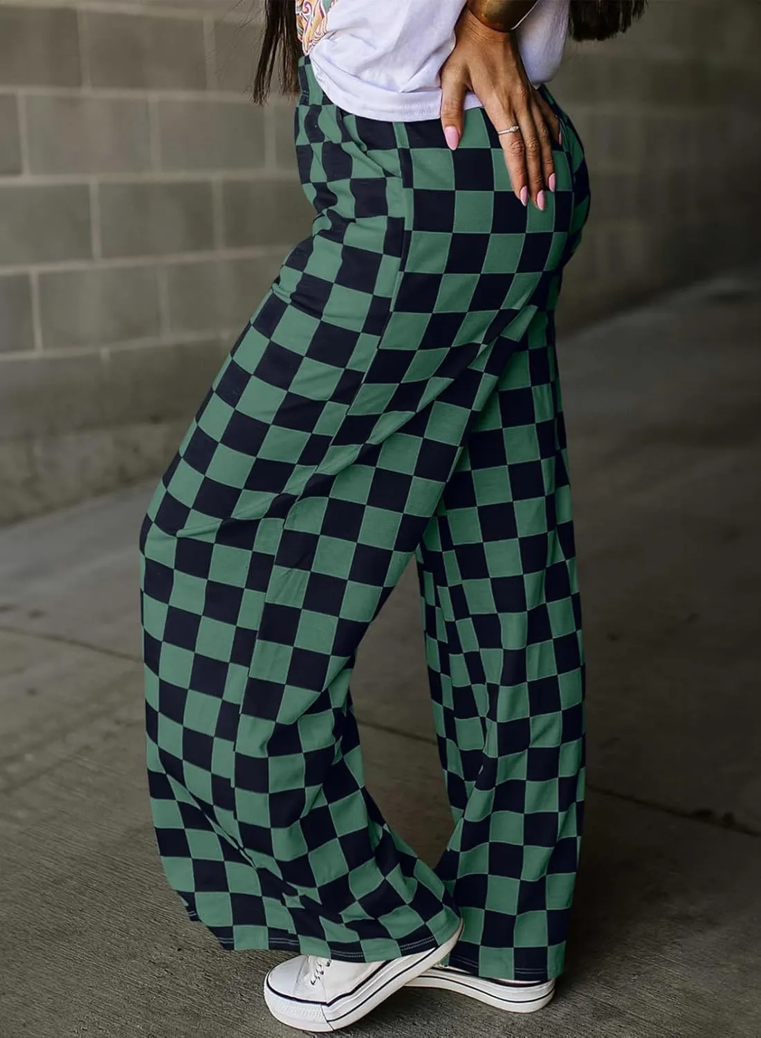 Acelitt Womens Casual Checkered Pants Elastic Waist Comfy Loose Wide Leg Pants with Pockets