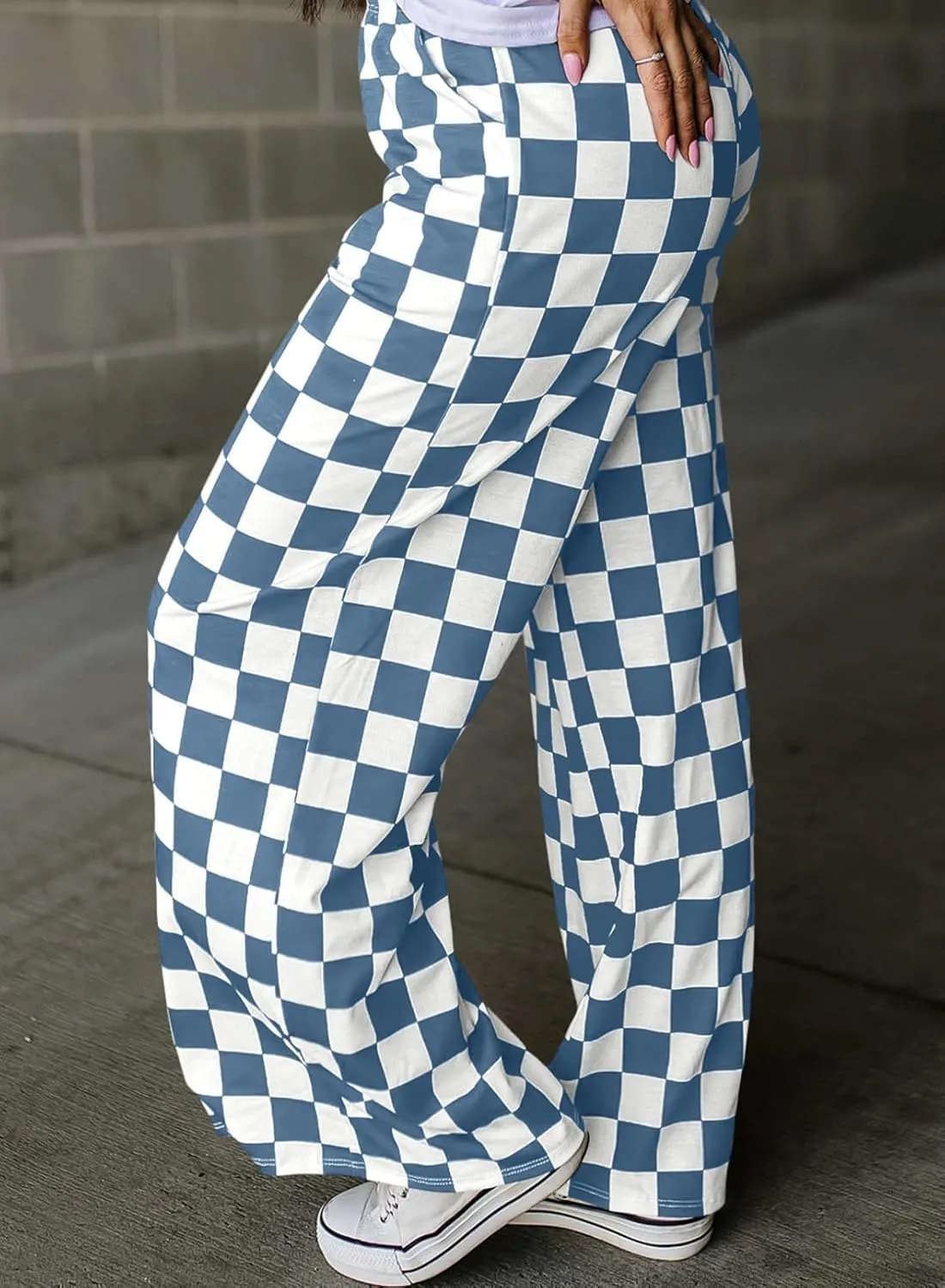 Acelitt Womens Casual Checkered Pants Elastic Waist Comfy Loose Wide Leg Pants with Pockets