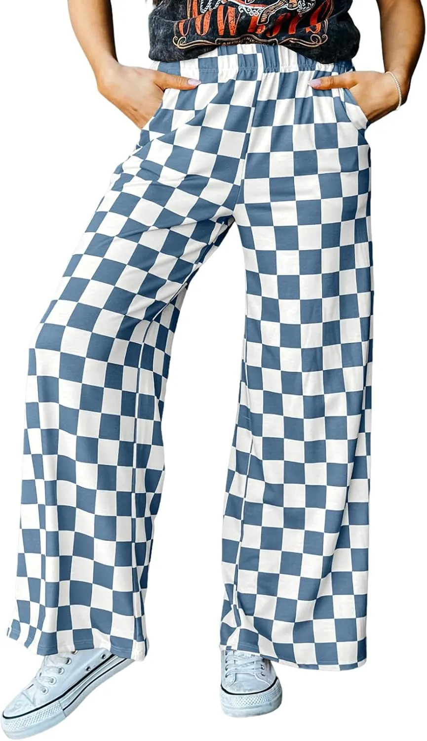 Acelitt Womens Casual Checkered Pants Elastic Waist Comfy Loose Wide Leg Pants with Pockets