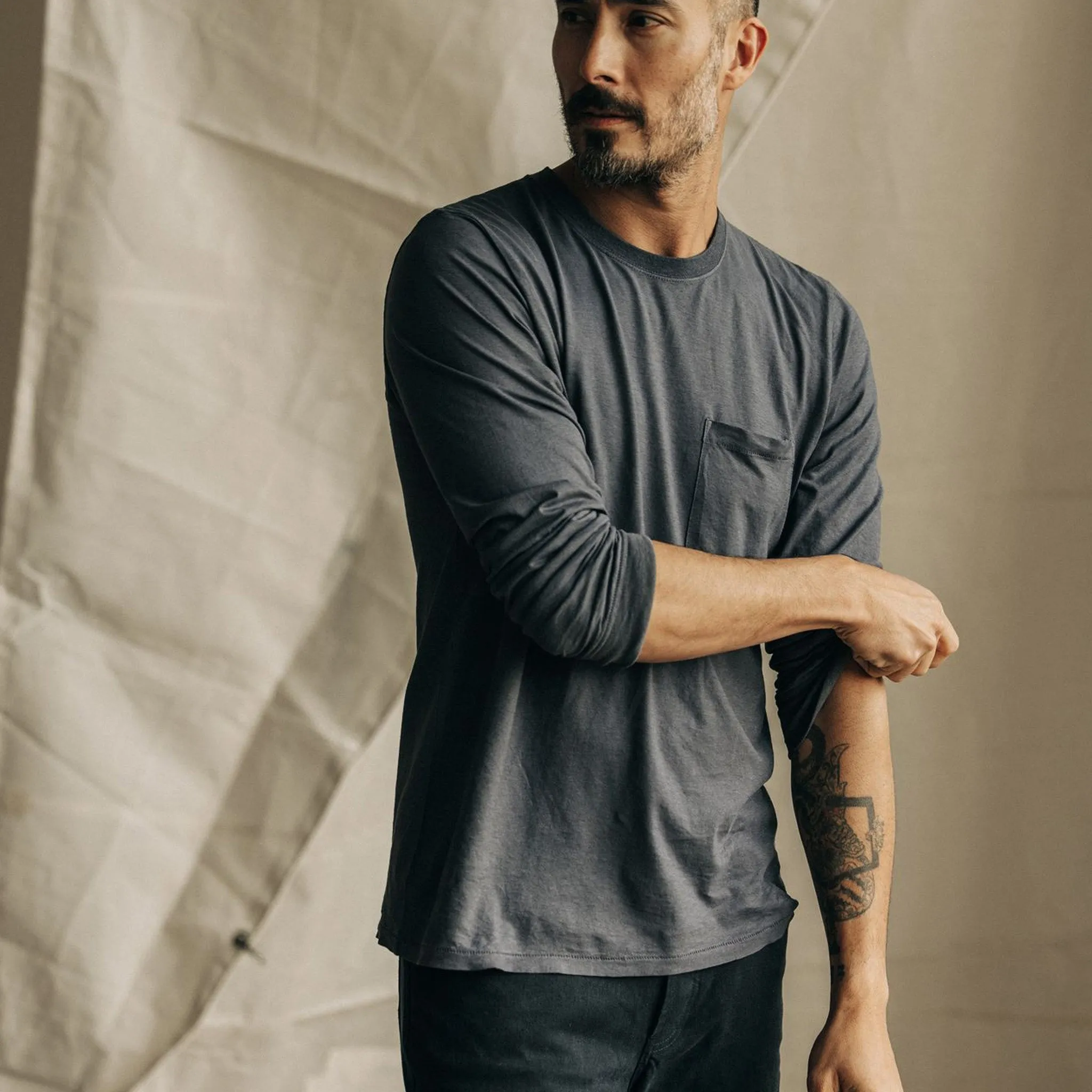 Fresh and Cool Relaxed fit wear The Cotton Hemp Long Sleeve Tee in Charcoal