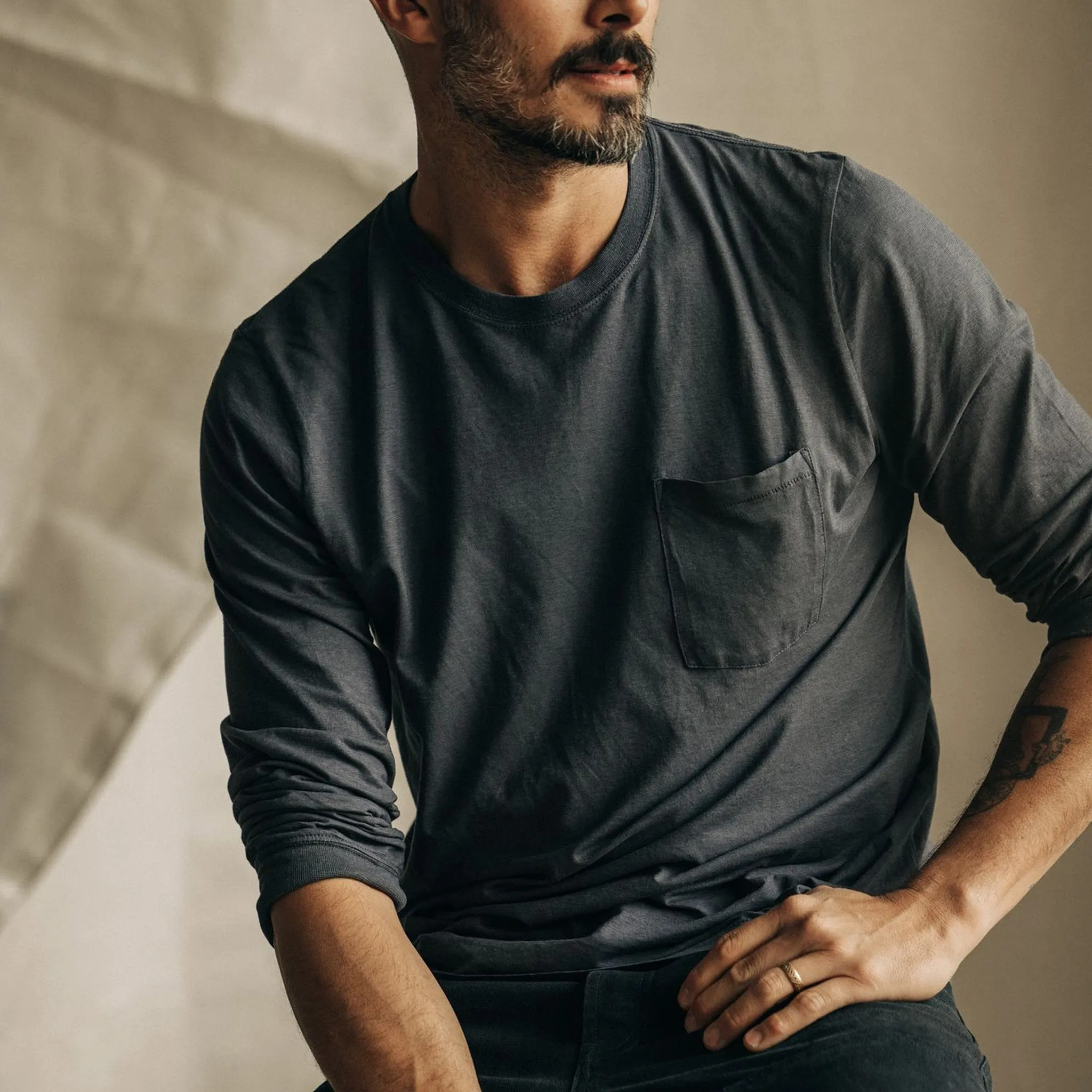 The Cotton Hemp Long Sleeve Tee in Charcoal Embroidered Details