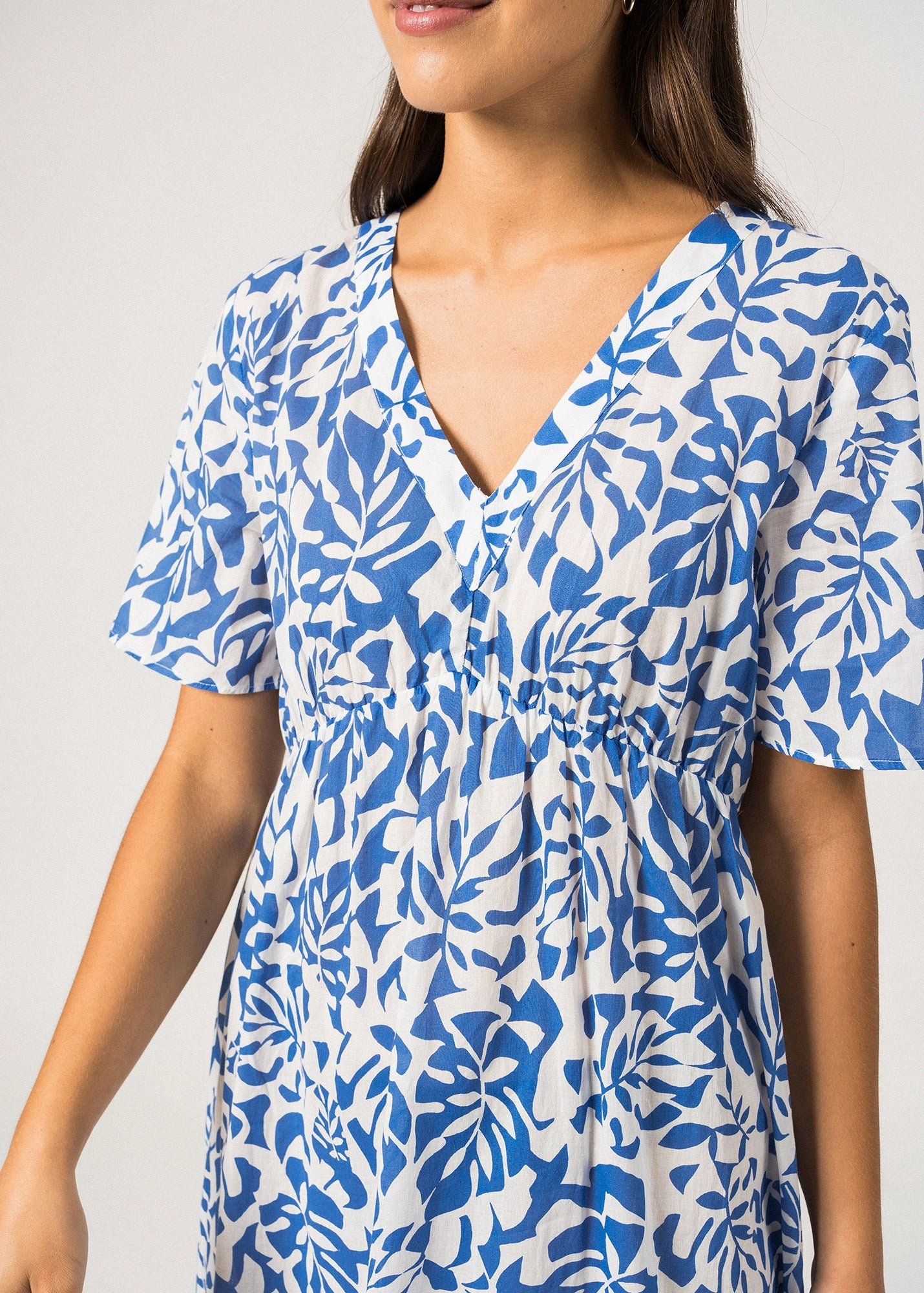 Crochet Style Smooth Edging CECILIA - V-Neckline Maxi Dress with Floral Motifs| 100% Cotton (WHITE / MER BLUE)