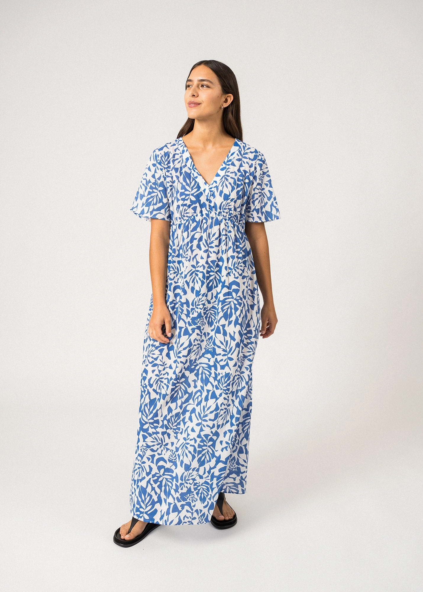 CECILIA - V-Neckline Maxi Dress with Floral Motifs| 100% Cotton (WHITE / MER BLUE) Outdoor Gathering Vegan Material